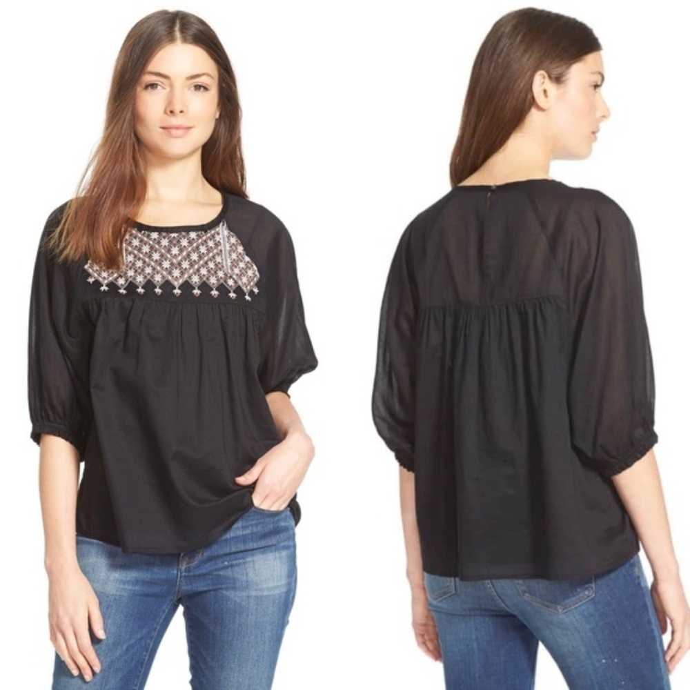 Madewell women S Starflower Shirred peasant top embroidered black whimsigoth